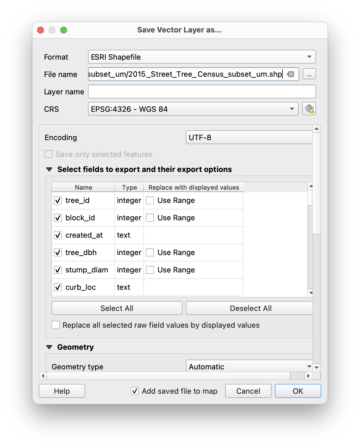 save as vector layer diaglog box