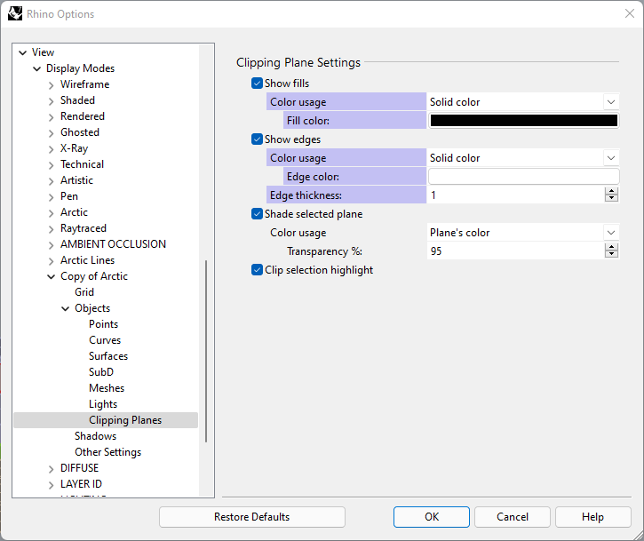 clipping plane options