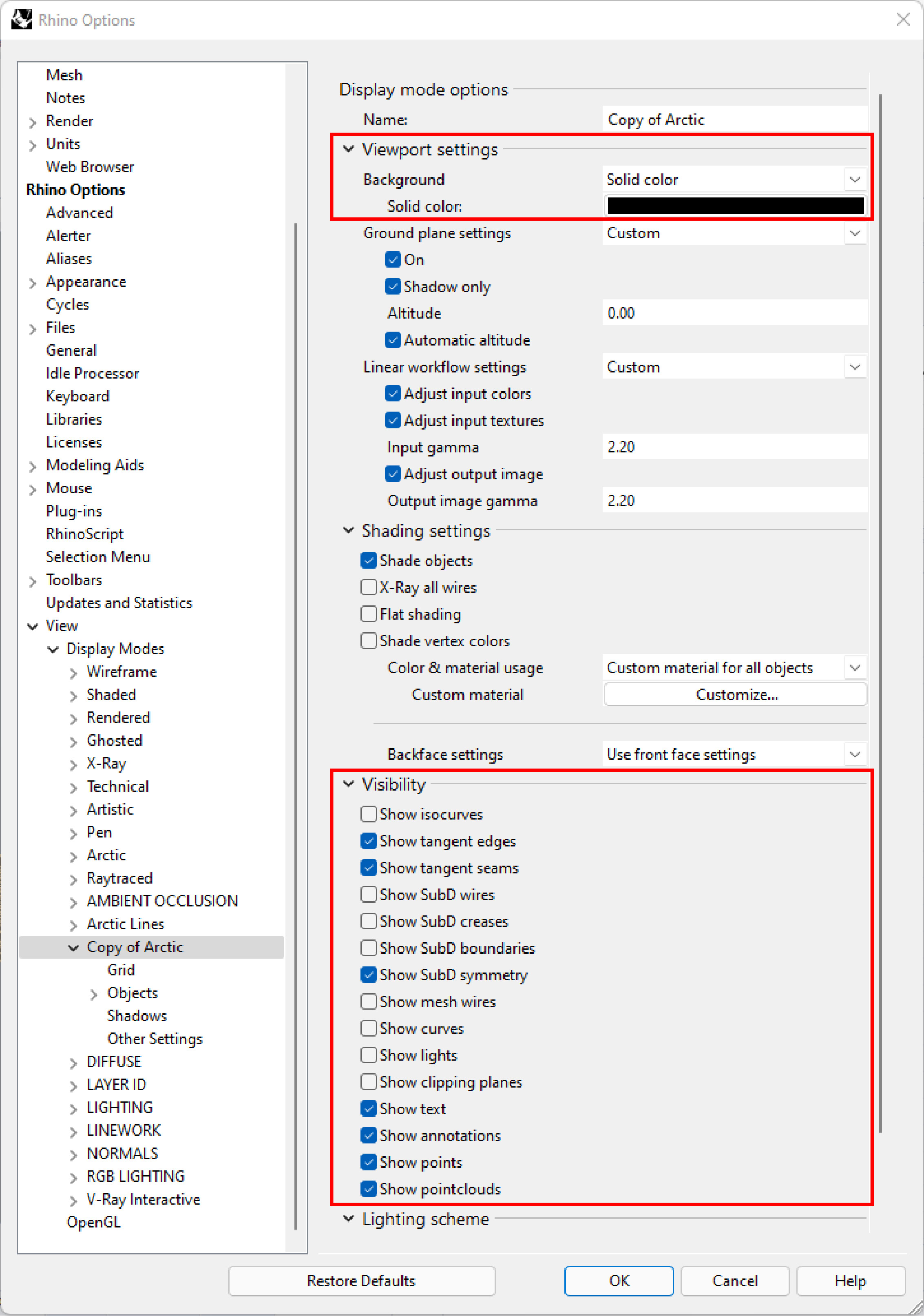 display mode options